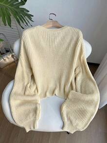 SHEIN EZwear 女款大尺碼純色V領落肩長袖針織開襟外套 - 米色 - 查看 2