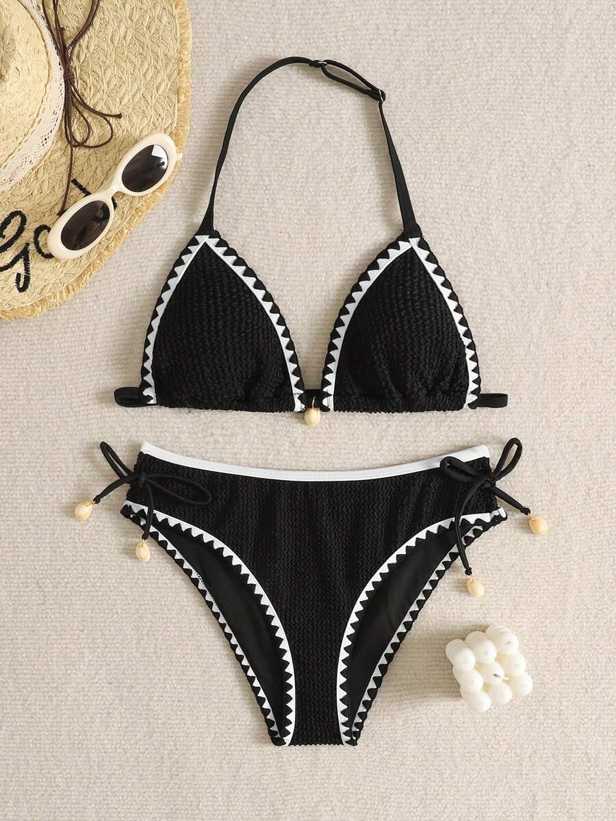 SHEIN 青少年女孩夏季泳裝女孩度假條紋飾邊掛脖綁帶比基尼套裝，/套裝，夏季海灘 - 黑色 - 查看 1
