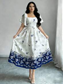 Modelyn Women's Short Sleeve Digital Print Waist-Cinching Dress, Off-Shoulder Sleeve Ruffle Hem Elegant And Beautiful - White - View 4