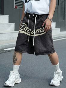 Manfinity EMRG 男士街頭風休閒刺繡黑色牛仔短褲 - 黑色 - 查看 6