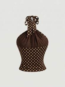 SHEIN MOD Women's Polka Dot Pattern Metal Decor Halter Neck Tank Top - Multicolor - View 3