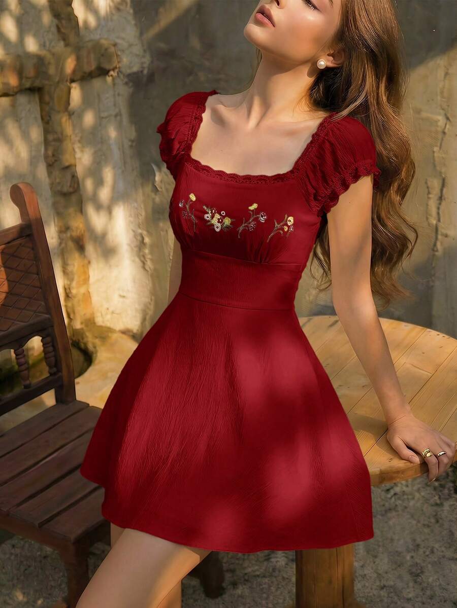 Skyraze Embroidered Shell Sleeve Square Neck Fashion Mini Dress - Red - View 1