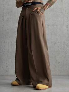 AXEPEAK Men's Pocket Pleated Design Wide Leg Loose Pants - Brown - View 4