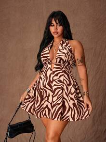 Rustia Gaun Pendek Seksi Model A-Line Motif Polkadot Leher Halter untuk Wanita Ukuran Plus - Coklat - View 1
