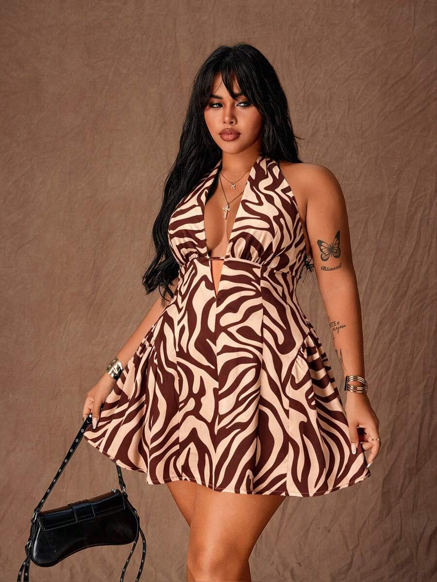 Rustia Gaun Pendek Seksi Model A-Line Motif Polkadot Leher Halter untuk Wanita Ukuran Plus - Coklat - View 1