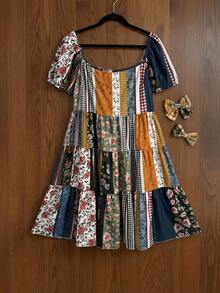 Flirla Plaid Print Puff Sleeve A-Line Dress For Women - Multicolor - View 5