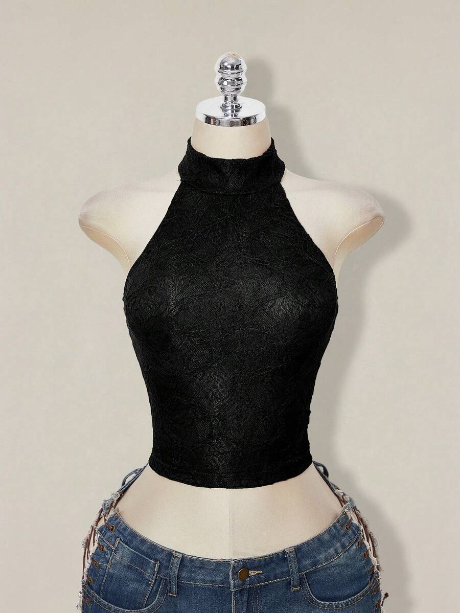 SHEIN ICON 女款素色修身時尚百搭掛脖背心上衣 - 黑色 - 查看 1