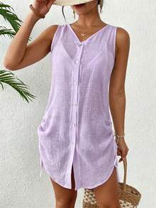 Swim Lushoire Kimono Kasual Wanita untuk Liburan, Warna Polos, Kancing Depan, Tali Serut Samping, Tanpa Lengan - Mauve Purple - View 4
