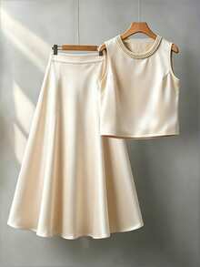 GlowEve CURVE Plus Size Elegant Casual Faux Pearl Beaded Camisole And Mini Skirt 2 Pieces Set Summer Graduation Bussines Champagne Formal Wedding Guest - Apricot - View 9