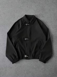 Manfinity Homme Men's Solid Color Long Sleeve Metal Airplane Buckle Casual Jacket - Black - View 4
