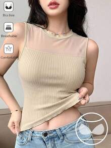 DAZY เสื้อชั้นในผู้หญิงสีพื้นตัดสีตาข่ายริ้ว - สีกากี - ดู 4