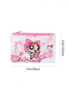 THE POWERPUFF GIRLS X SHEIN 1個卡通角色印花亮片裝飾透明PVC輕量化化妝包，適合存放化妝品、文具、日常用品、數位產品，完美適用於通勤、上學、旅行，適合所有年齡層，學生友善，花朵、泡泡、毛茛、友誼、蝴蝶結 - 無色 - 查看 6