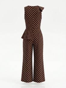 Ellevyn Brown Polka Dot Vintage Polka Dot Print Ruffle Hem Jumpsuit - Mocha Brown - View 5