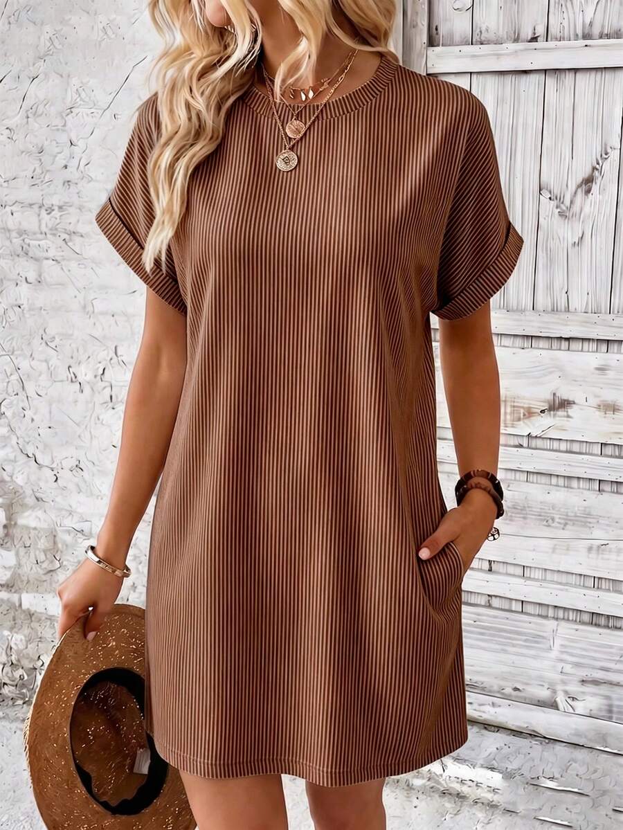 EMERY ROSE Vacation Casual Striped Batwing Sleeve Dress - Brown - View 1