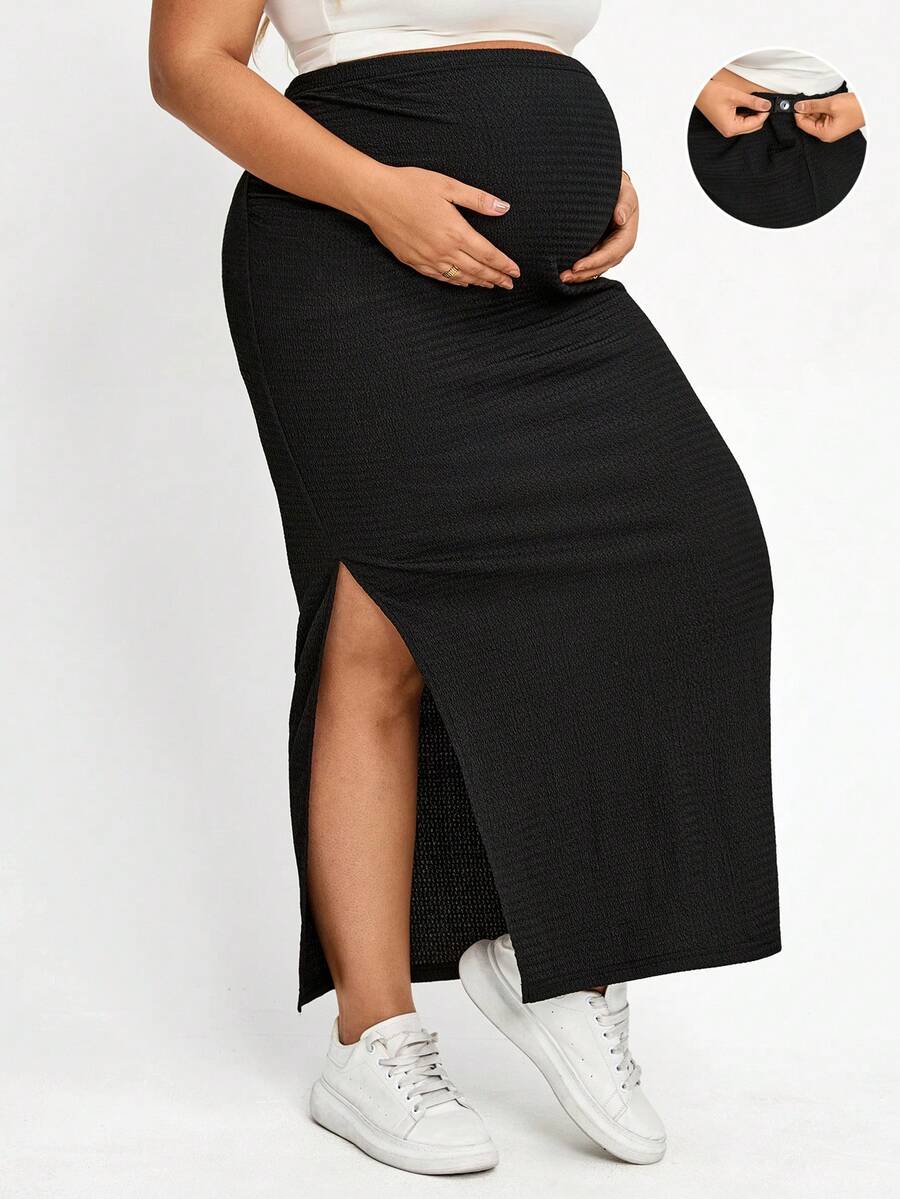 Plussiva 大尺碼孕婦純色側開衩修身裙,夏季拍照用正式黑色孕婦休閒寬鬆裙 - 黑色 - 查看 1