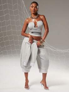 NYA SZN Short Knee Length Tie Detail Jogger Sweatpant Heathered Grey Athletic Athleisure Gym Brunch Going Out Lounge Summer Outfits For Women - Grey - View 1
