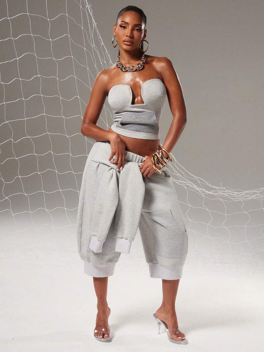 NYA SZN Short Knee Length Tie Detail Jogger Sweatpant Heathered Grey Athletic Athleisure Gym Brunch Going Out Lounge Summer Outfits For Women - Grey - View 1