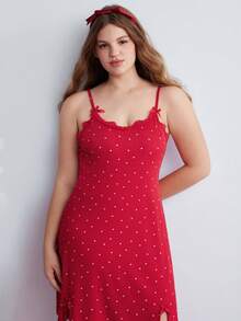 Elorette Heart-Print Red Dress Plus Size Women Knitted Ribbed Red Heart Print Contrast Lace Bow Cute Sleepwear Slip Dress, Suitable For Holidays And Celebrations Red Night Dress - Red - View 2