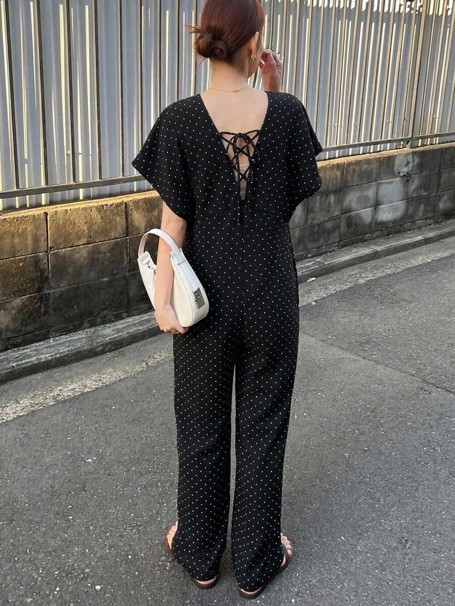 FRIFUL 女款黑色連身長褲V領綁帶夏季服飾 - 黑色 - 查看 1