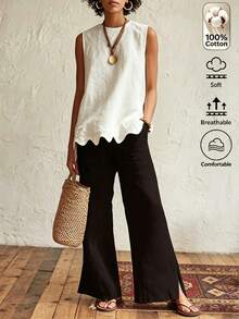 Omancia Conjunto de top sin mangas con volantes en el bajo y pantalones rectos de lino con sensación vintage, elegante, cómodo y minimalista para vacaciones de verano - Negro - Ver 7