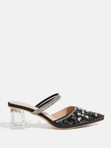 CUCCOO TILAWA Sepatu hak tinggi wanita berwarna hitam dengan hiasan kristal dan rhinestones yang modis dan elegan, cocok untuk perjamuan, pesta, dan acara lainnya. - hitam legam - View 2