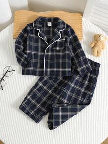 男女嬰兒/男嬰 2件組秋冬休閒可愛深藍色格紋睡衣套裝，居家休閒套裝，適合居家休息、睡眠與日常外出 - 藏蓝色 - 查看 3