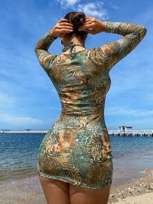 Swim SXY 女款夏季海灘豹紋掛脖綁帶性感時尚比基尼兩件式泳衣套裝，附外罩洋裝 - 彩色 - 查看 2