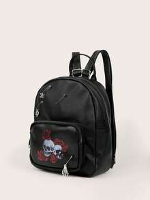 ROMWE Goth School Season Retro Punk Print Large-Capacity Backpack, Suitable For Commuting Versatile, Student Dress Book For School, Cool Road, Roses, Decorative - Black pin - View 2