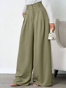 SHEIN Tall 100%纯棉高腰女士米色深褶亚麻长裤 - 軍綠色 - 查看 3
