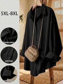 SHEIN CURVE+ 大尺碼秋季休閒傳統日常穿著襯衫，長袖寬鬆長版，2026冬季 22W - 黑色 - 查看 6
