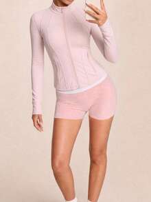 SHEIN BAE Women's Minimalist Zipper Front Pocket Long Sleeve Fashion Sports Jacket - Baby Pink - View 3