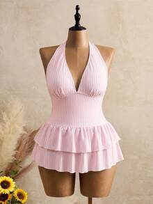 Swim Mod 2026 Neues Sommer Strandurlaub Saison Süßes Damen Rosa und Weiß Gestreiftes Rückenfrei Spaghettiträger Tiefer V-Ausschnitt Doppellagige Rüschen Badekleid, Niedliches Sommer Strand Pool Party Urlaub Einteiliges Große Größen Badekleid - Babypink - Übersicht 2