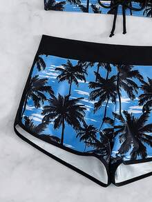 SHEIN Swim 女款夏季海灘拼色百褶掛脖綁帶性感比基尼與短褲兩件式泳衣套裝 - 藍色 - 查看 5