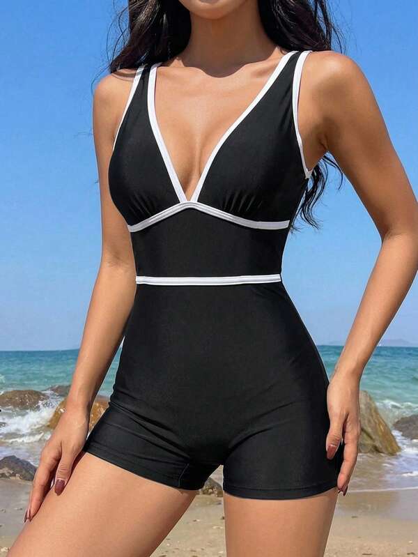 Livesso Women's Vacation Beach Color Block Trim One-Piece Swimsuit