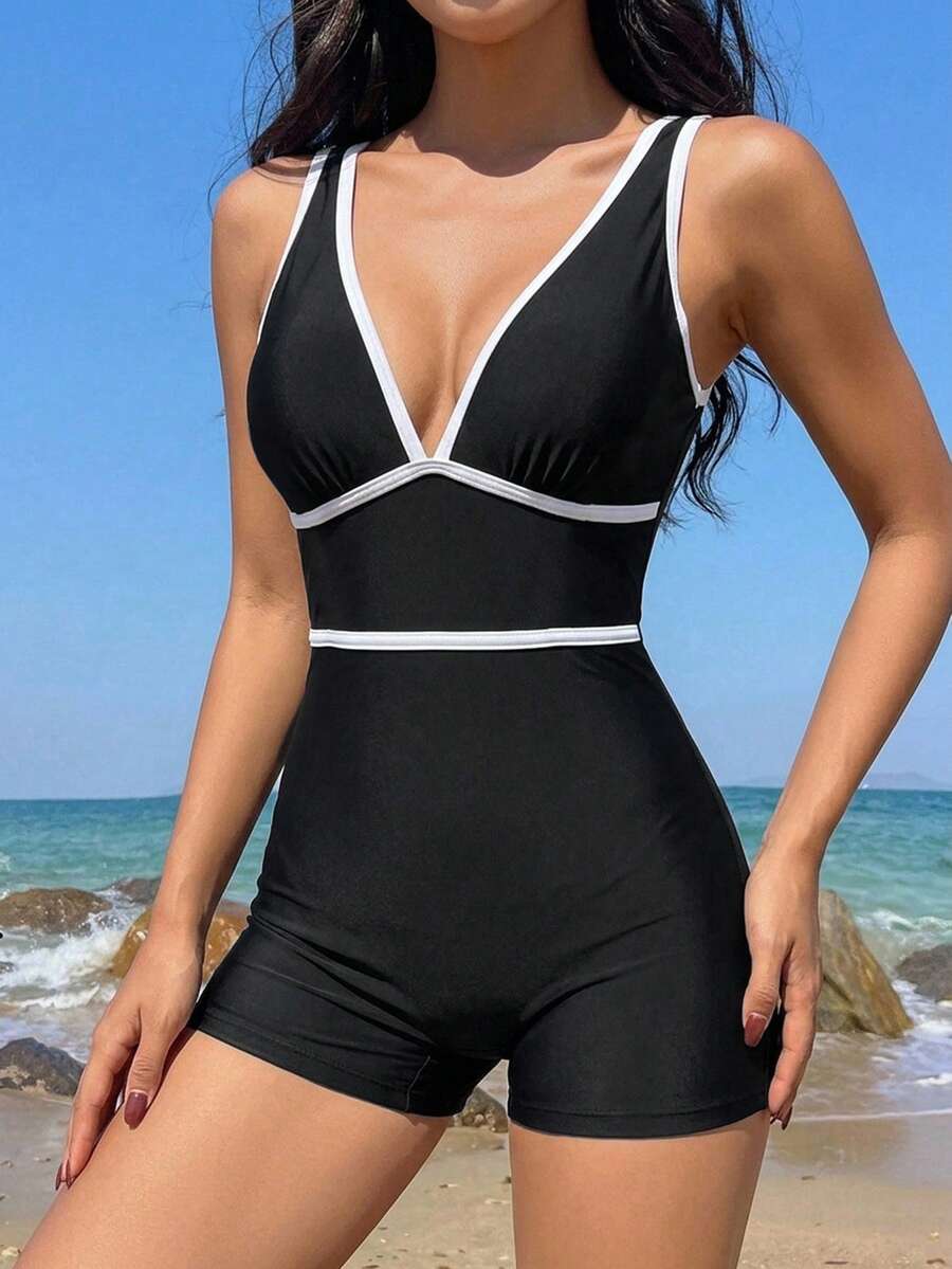 DAZY Women's Vacation Beach Color Block Trim One-Piece Swimsuit Summer Black And White Casual Athleisure - Brown - View 1