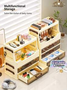 1-3 Layers Large Capacity Dust-Proof Cosmetic Storage Box With Drawers, Multi-Layer Makeup Display Stand Suitable For Skincare And Lipstick Collection, Portable Plastic Vanity Holder, Suitable For Bathroom Essentials ,Jewellery Box - cream - View 1