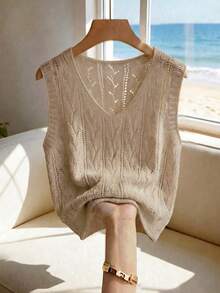 SHEIN Holidaya 女款度假海灘紋理鏤空V領優雅針織上衣 - 駝色 - 查看 5