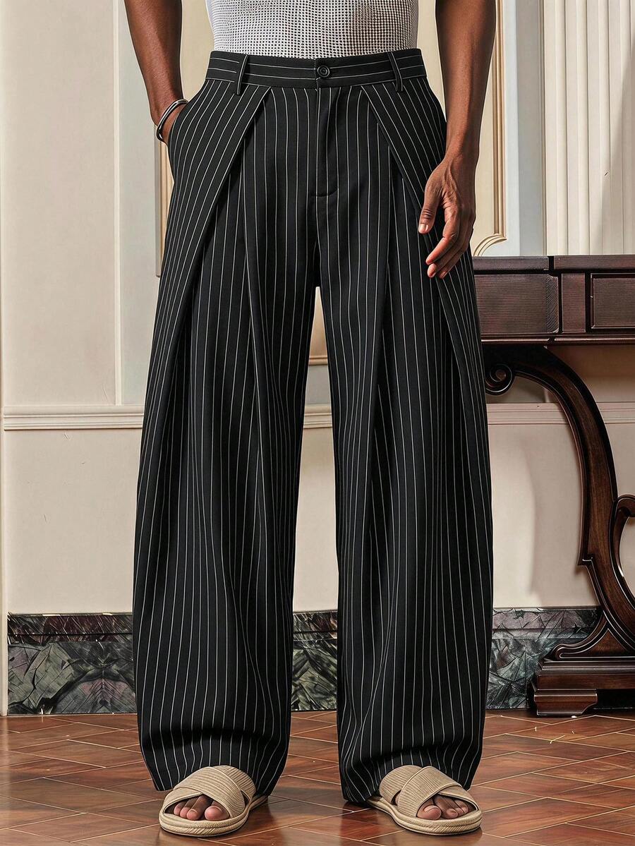 SWAVVY Men's Spring/Summer Casual Button-Up Striped Wide-Leg Pants - Black - View 1