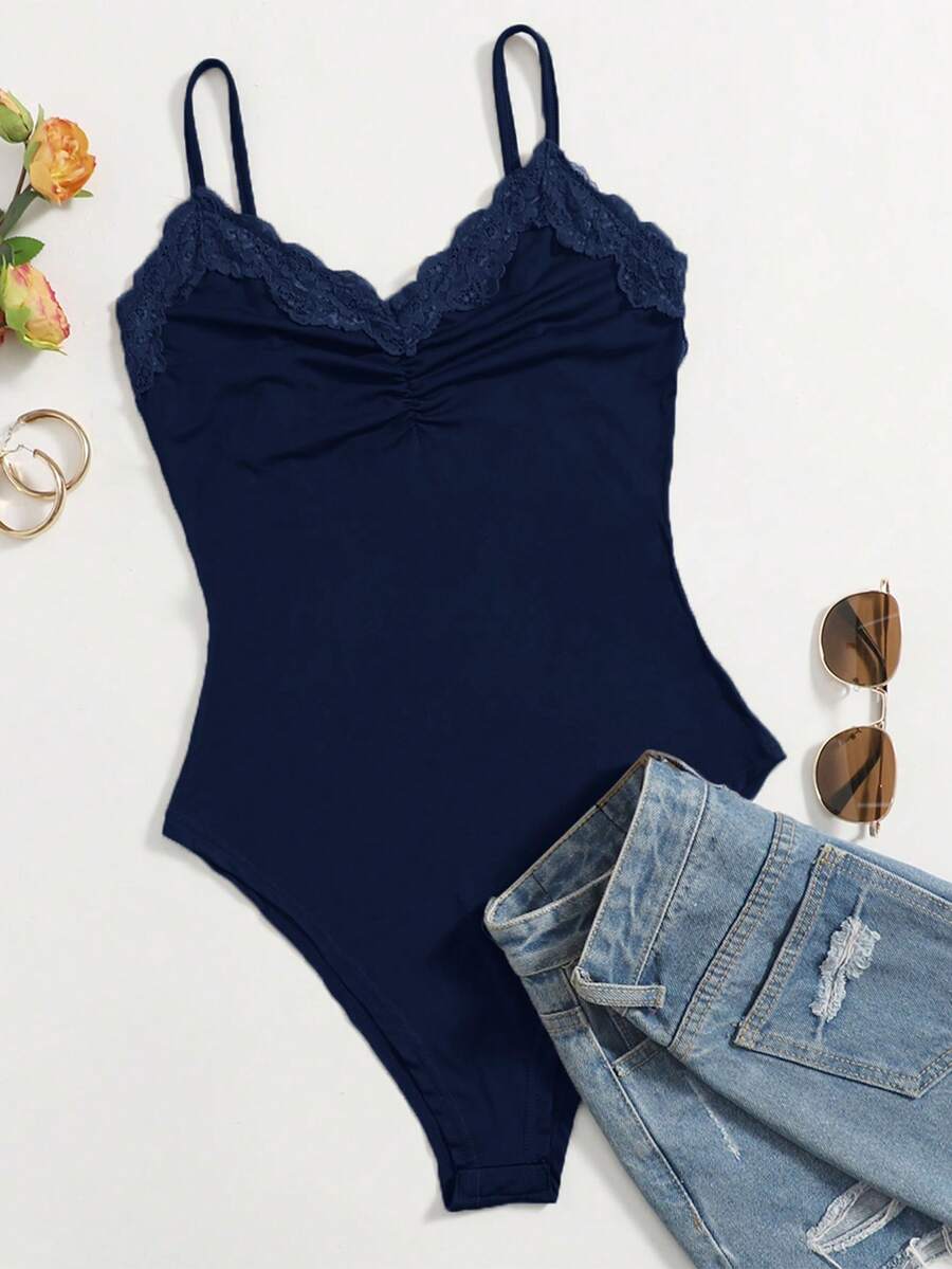 SHEIN Essnce 大码女式夏季休闲纯色蕾丝边连体衣 - 藏蓝色 - 查看 1