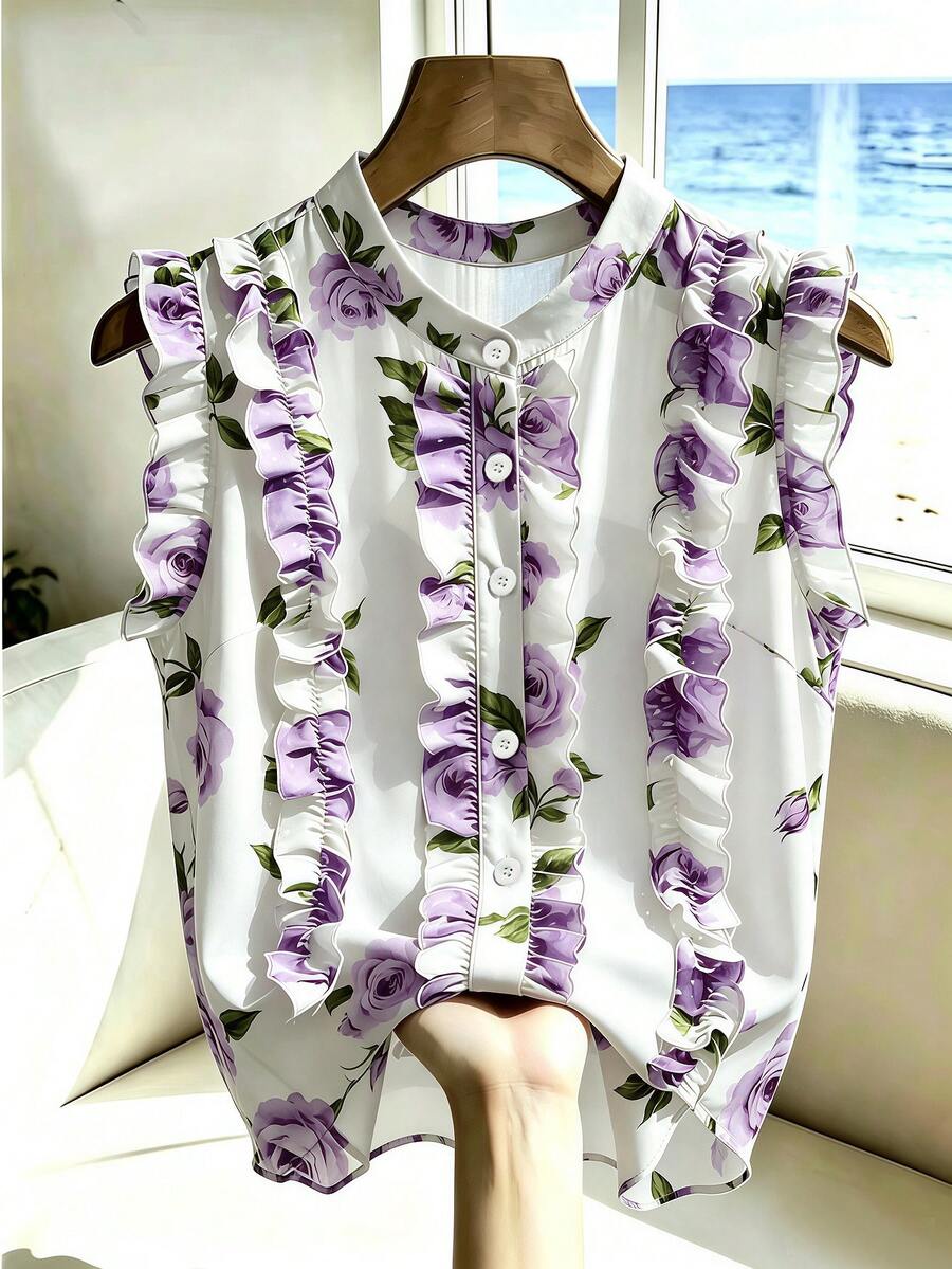 Franclia 女款花卉印花荷葉邊單排扣無袖上衣 - 淡紫色 - 查看 1