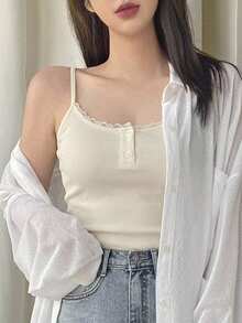 DAZY 女款蕾絲飾邊修身百搭日常外出細肩帶背心上衣 - 白色 - 查看 4
