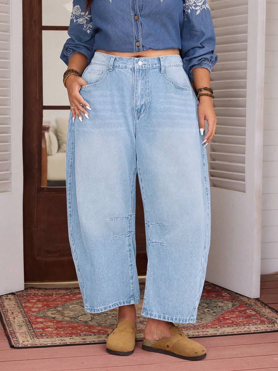 EMERY ROSE Plus Size Women's All-Season Non-Stretch American Street Style Casual Denim Jeans - Light Wash - View 1