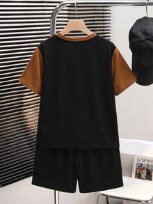 Young Boy Color Block Casual Simple T-Shirt And Shorts Set - Multicolor - View 2