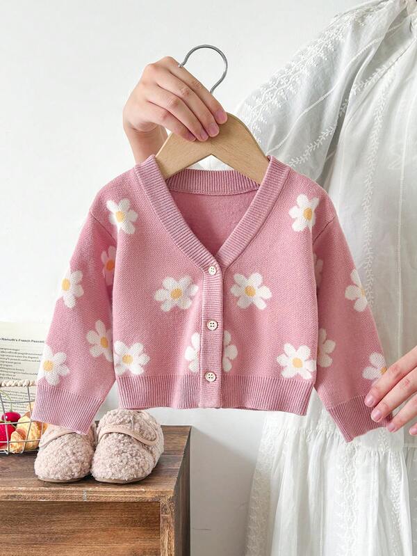 SHEIN Baby Girl Floral Pattern Knitted Long Sleeve Cardigan, Cute And Versatile, Pink Cardigan, Suitable For Outings, Daily Wear, Gatherings, Sun Protection, Comfortable, Pairs Well With Dresses