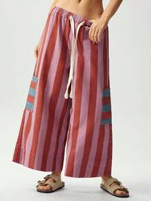 Bohemela Casual Woven Striped Loose Wide Leg Women's Long Pants - Multicolor - View 5