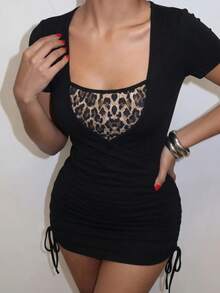 EgrlEra Halter Neck V-Neck Slim Fit Bodycon Dress, Everyday Sexy Versatile Waist-Cinching Club Night Black And White Leopard Print Summer - Black - View 3