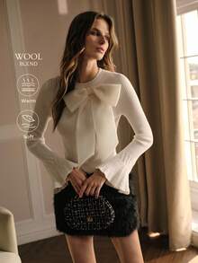 MOTF PREMIUM AUTUMN/WINTER ROMANTIC BELL SLEEVE BOW DECOR SWEATER - White - View 1