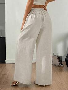 SHEIN Tall CURVE Damen Große Größen einfarbige Leinen Kordelzug Weites Bein Taschen Strukturierte Lässig Hose, Vintage Stil Locker Sitzende Leinen Hose, Sommer Strand Urlaub Hose, Cargohose - Aprikosenfarben - Übersicht 2