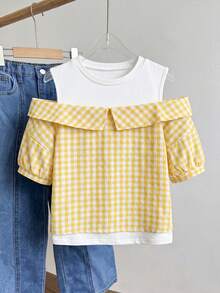 55%Cotton,Tween Girl Crew Neck 2 In 1 Patchwork Casual Versatile Daily Wear Shirt,Random 1pc Sent - Multicolor - View 3