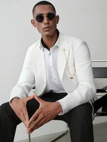 MENRIVO Blazer Pria Putih dengan Rantai Saku, Gaya Kasual, Cocok untuk Musim Pernikahan dan Acara Pesta Biasa, Formal, dan Upacara. - Putih - View 4